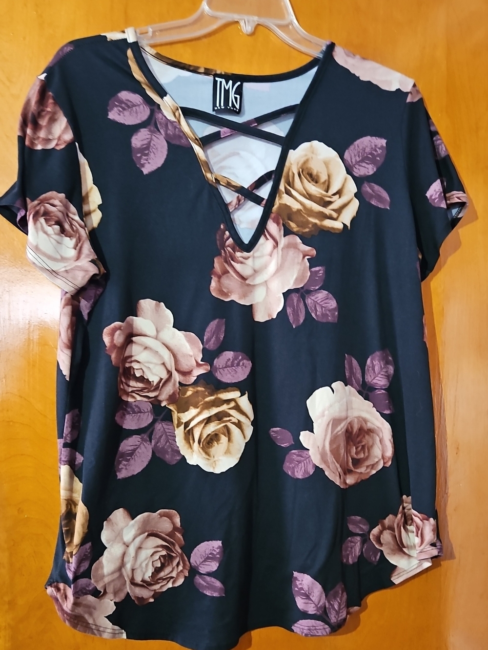TMG Black Short-Sleeve V-Neck Top with Pink & Tan Rose Print
